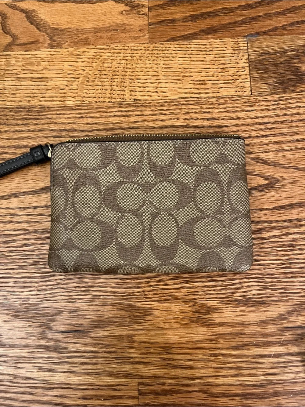 Coach Brown Monogram Wristlet with Black Stripe and Gold Hardware